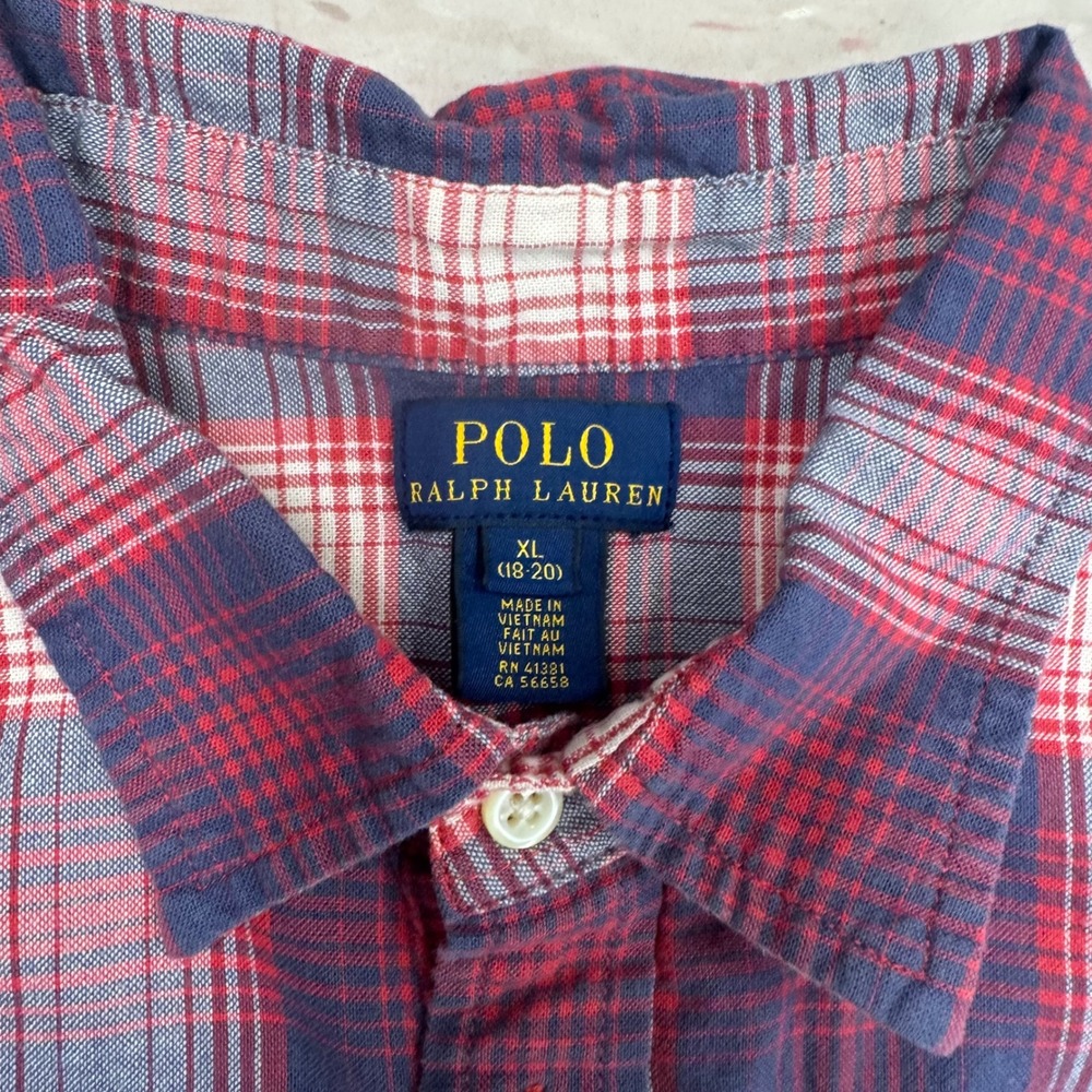Polo Ralph Lauren Boys XL (18-20) Plaid Button Down Long Sleeve Shirt Redwht/blu - Picture 3 of 7